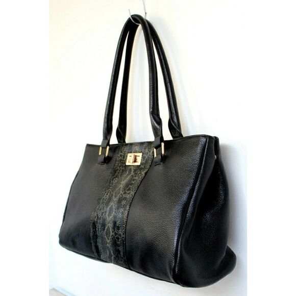 LRG ERICA ANENBERG BLACK GENUINE LEATHER TURN LOCK SATCHEL SHOULDER BAG HANDBAG - Picture 3 of 12